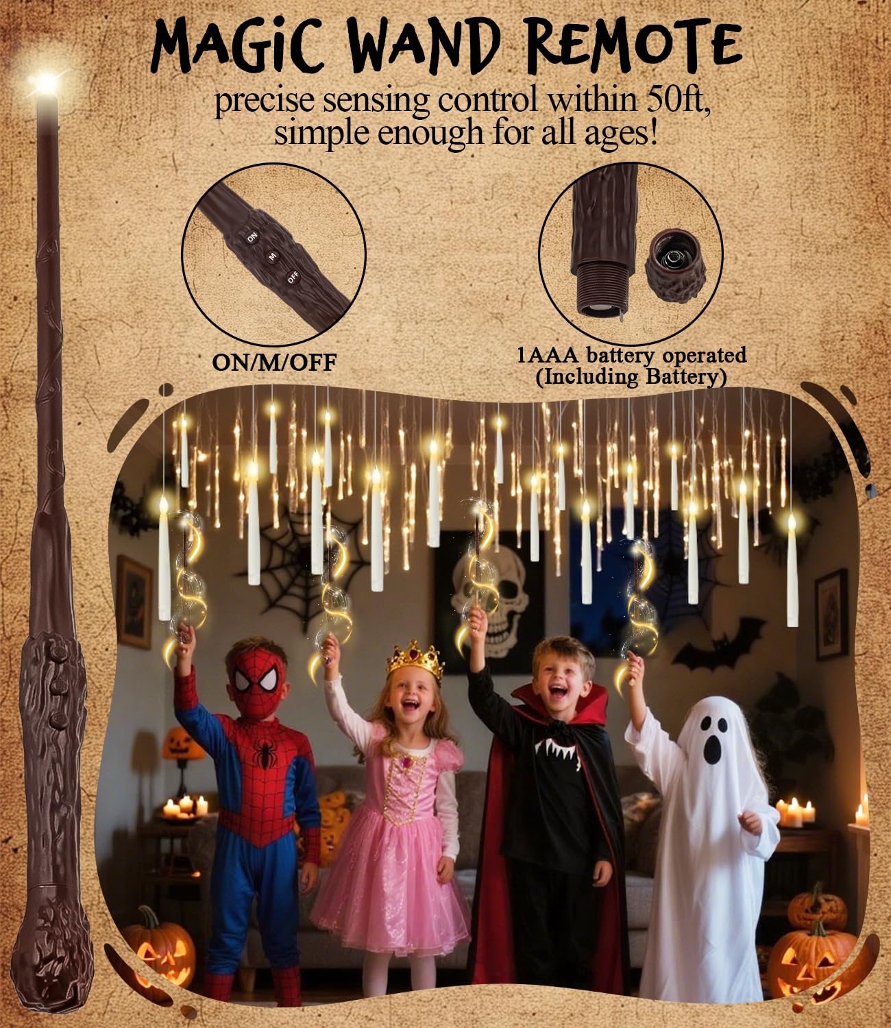 Halloween Decor 12 PCs Hanging Floating Candles with Magic Wand Remote (Include 13 Built-in Battery) Flickering Warm Light Led Candles for Indoor Window Classroom Bedroom Party Christmas Birthday Gift