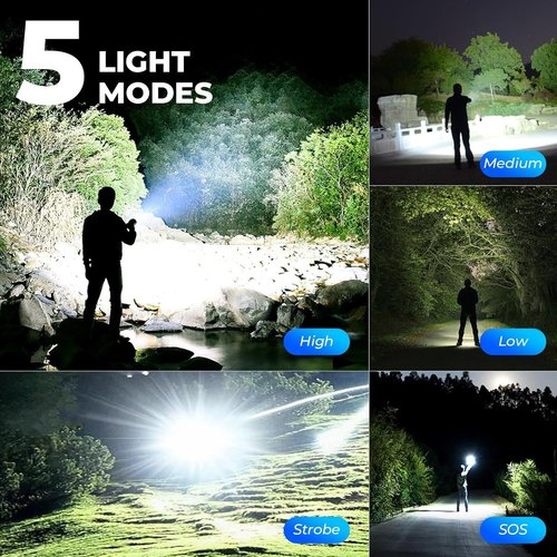 ALSTU 4 Pack Rechargeable LED Flashlight 990,000 Lumens, Adjustable with 5 Modes, IPX7 Waterproof, Handheld Flash Light for Camping Hiking Emergency Home Use (Black)