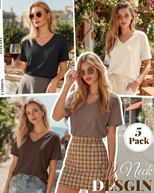 Huukeay Women's V-Neck Basic Tees - 5 Pack Comfortable Casual Short Sleeve Tops for Summer