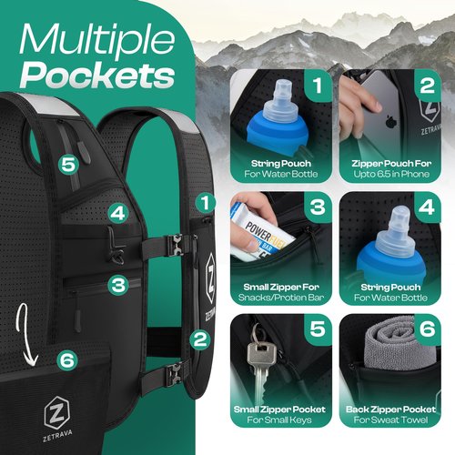 Adjustable Running Vest for Men Women – Running Hydration Vest with Two 500ml Bottles & Reflective Strips, Multiple Pockets & Bounce-Free Fit – Runners Vest for Marathon, Hiking & Cycling – Black
