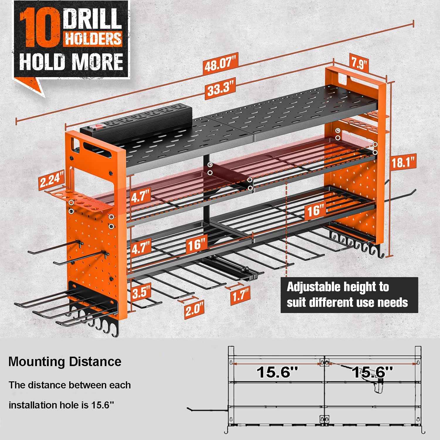 Heavy Duty Wall Mount Power Tool Organizer with Charging Station & 10 Drill Holders