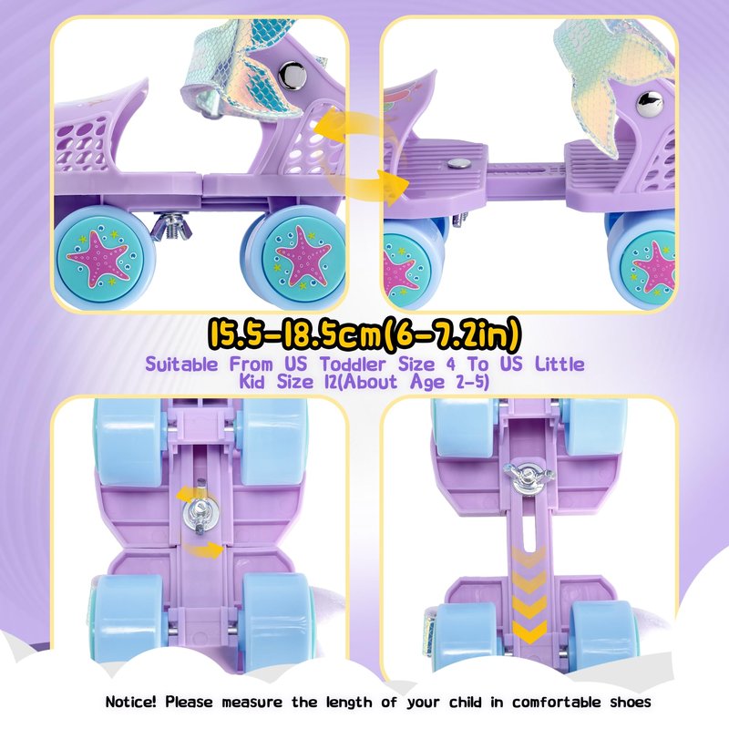 SULIFEEL Kids Adjustable Quad Roller Skates,Toddler Beginner Roller Skates for Gilrs and Boys Age 2-5 Years Old Mermaid Purple