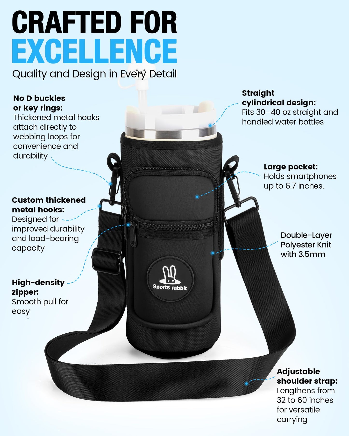 Sports rabbit Water Bottle Carrier with Strap – Universal Fit for 40oz