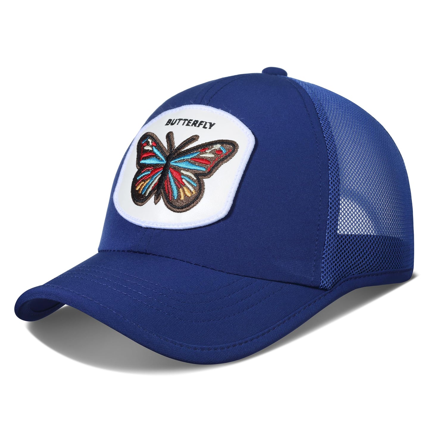 GADIEMKENSD Unstructured Sports Caps Mens Trucker Hat with Breathable Back Mesh Dad Hat Cool Womens Baseball Cap Embroidery Patches Plain Custom Hat for Outdoor Run Gym Working White Blue Butterfly