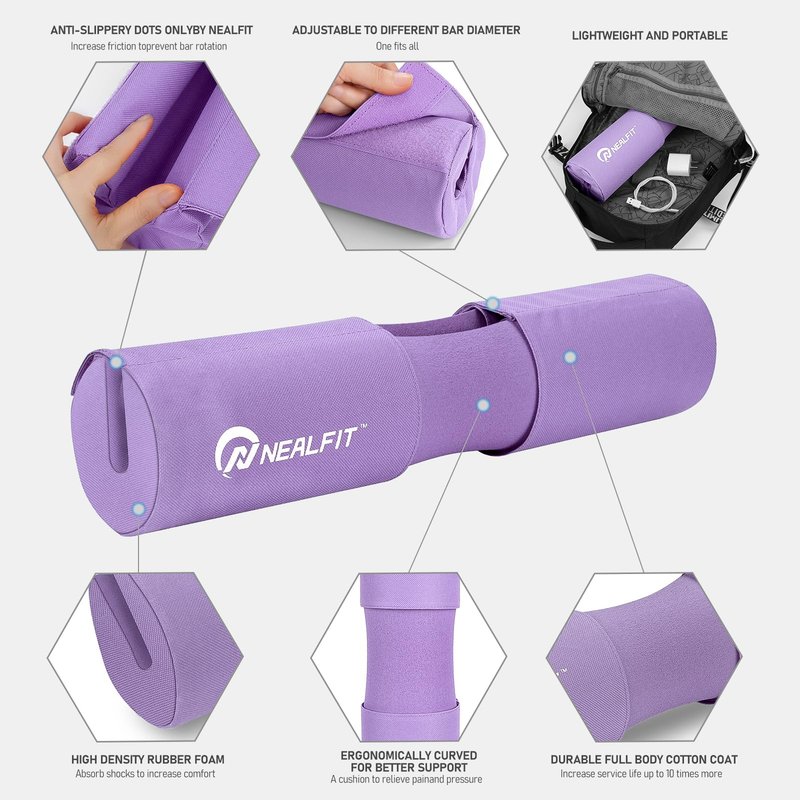 NEALFIT Barbell Squat Pad with Thick Nylon Padding, Hip Thrust Pad for Squats, Lunges, Neck Shoulder Squat Pad for Olympic or Standard Bars (Purple)