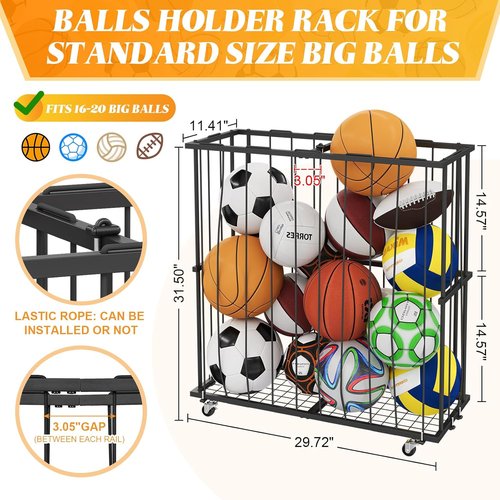 Hencawima Ball Storage Rack - Freestanding Sports Equipment Organizer for Garage & Gym | Black