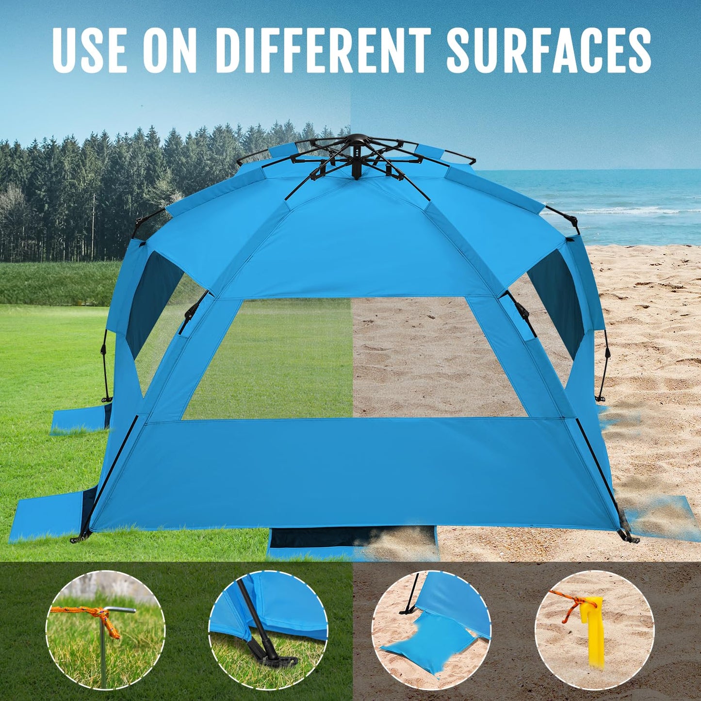 WhiteFang XL Pop Up Beach Tent Sun Shade Shelter for 3-4 Person with Blackout Shelter, UV Protection, Extendable Floor with 3 Ventilating Windows Plus Carrying Bag, Stakes, and Guy Lines (Solid Blue)
