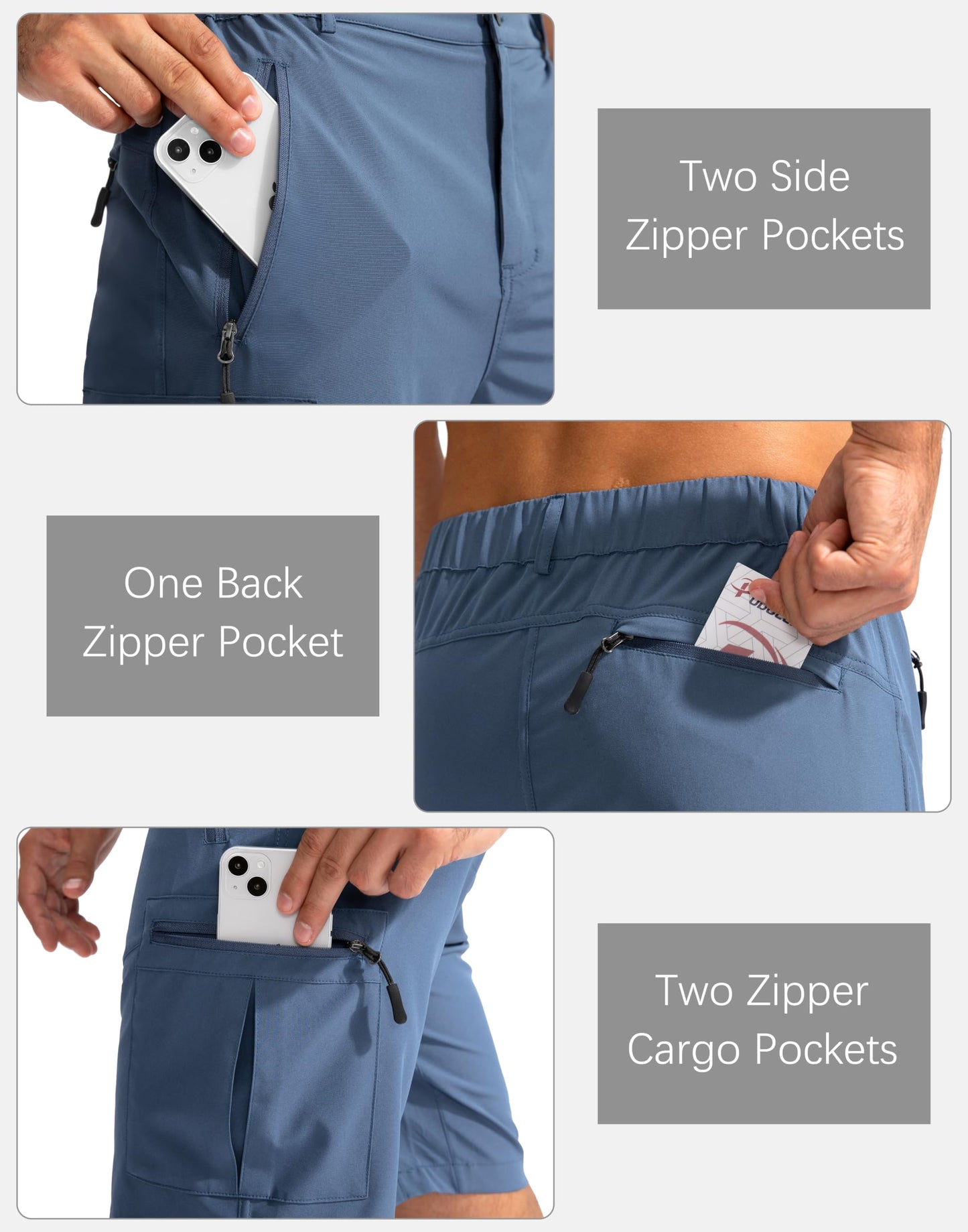 Pudolla Men's Hiking Cargo Shorts 9" Lightweight Outdoor Work Shorts for Men Travel Golf Camping Casual with 5 Zipper Pockets(Blue Large)