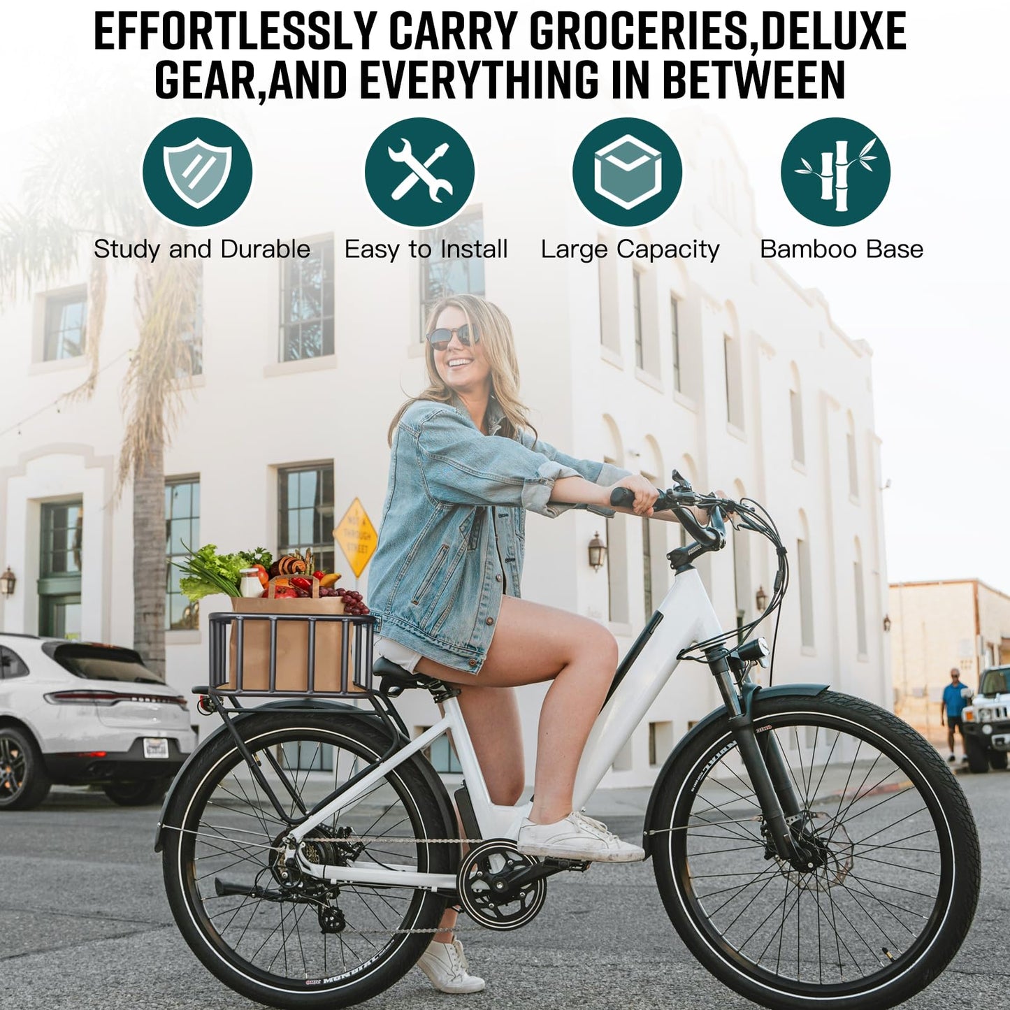 RAYMACE Bike Basket Rear, Bamboo Base Bicycle Basket with Rainproof Cover, Liner & Cargo Net, Large Capacity Rear Bike Rack Baskets Fits Most Bikes & E-Bike
