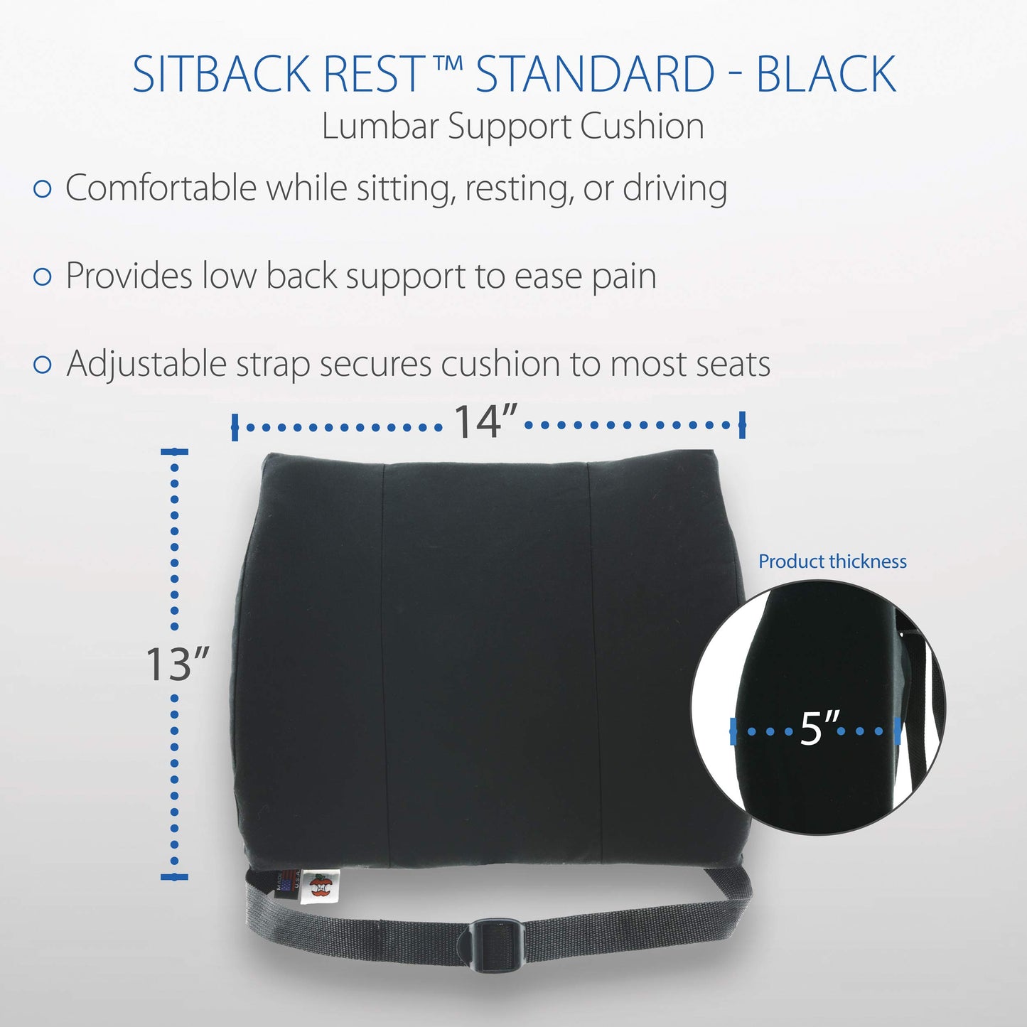 Core Products Sitback Rest Cushion Lumbar Support for Lower Back & Office Chair, Adjustable Strap Contoured Foam, Black - 13" x 14" x 5", Made in the USA