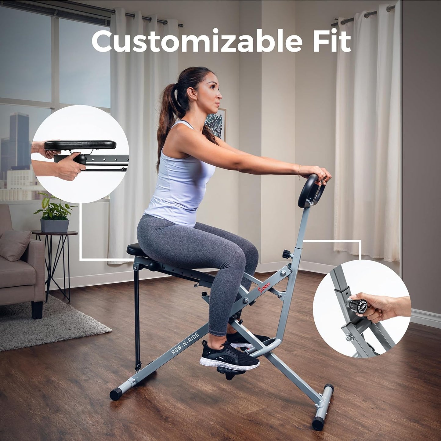 Sunny Health & Fitness Smart Row-N-Ride | Foldable Glute & Leg Trainer with SunnyFit App Integration