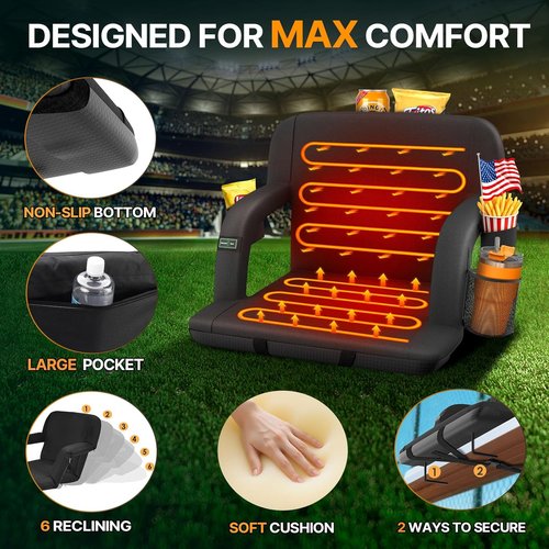 HOPERAN Heated Stadium Seats - Dual-Sided Design with Back Support & 3 Heating Levels | Portable Chair with 5 Pockets