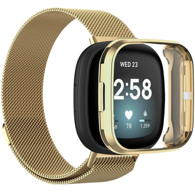 QIEMUTER Band with TPU Case Compatible for Fitbit Versa 3, Stainless Steel Mesh Magnetic Clasp, Adjustable and Breathable Strap for Men and Women (Gold)