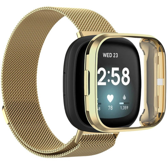 QIEMUTER Band with TPU Case Compatible for Fitbit Versa 3, Stainless Steel Mesh Magnetic Clasp, Adjustable and Breathable Strap for Men and Women (Gold)