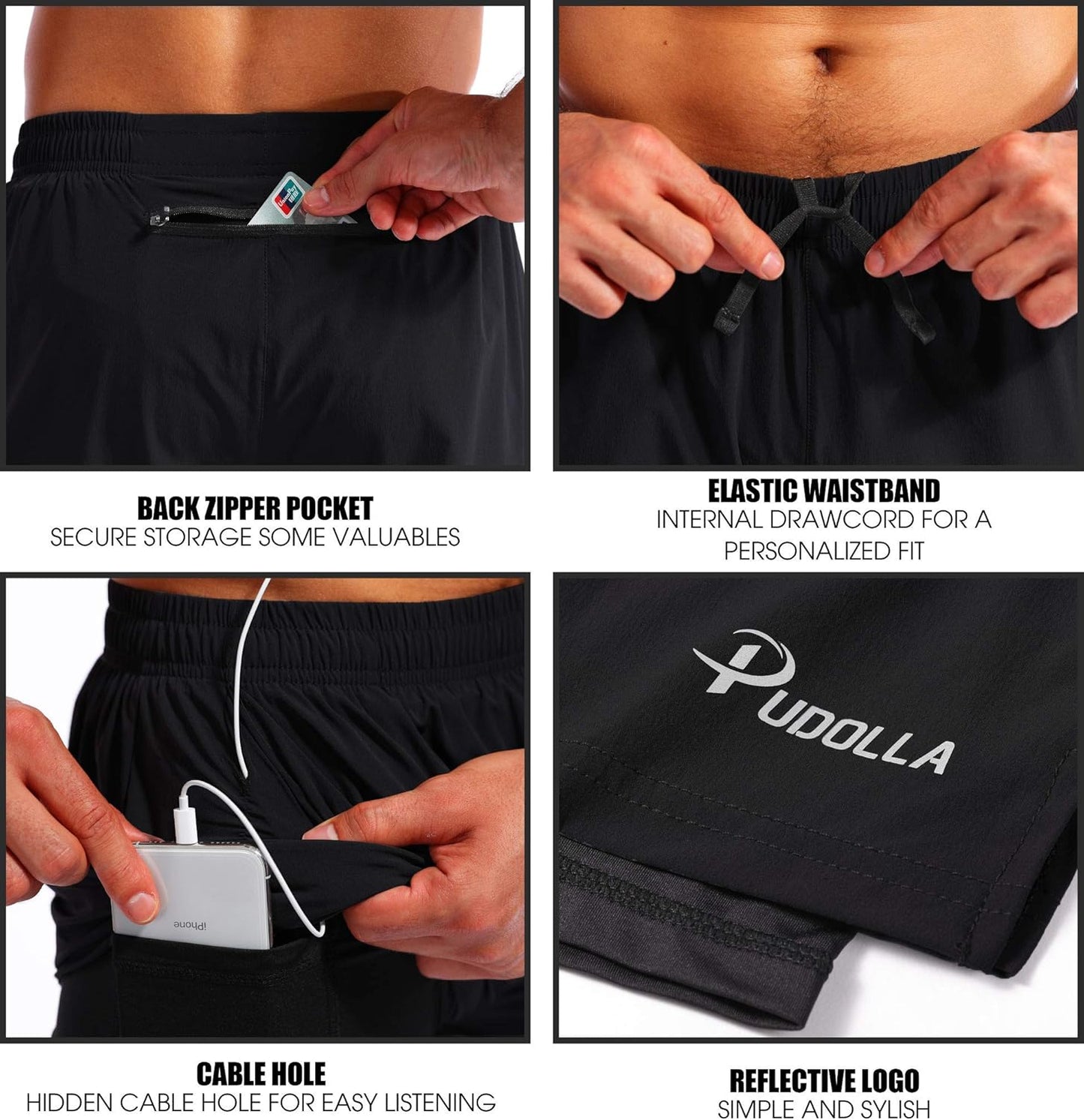 Pudolla Men's 2-in-1 Running Shorts - Quick Dry Athletic Workout Shorts with Phone Pockets | 5" Length