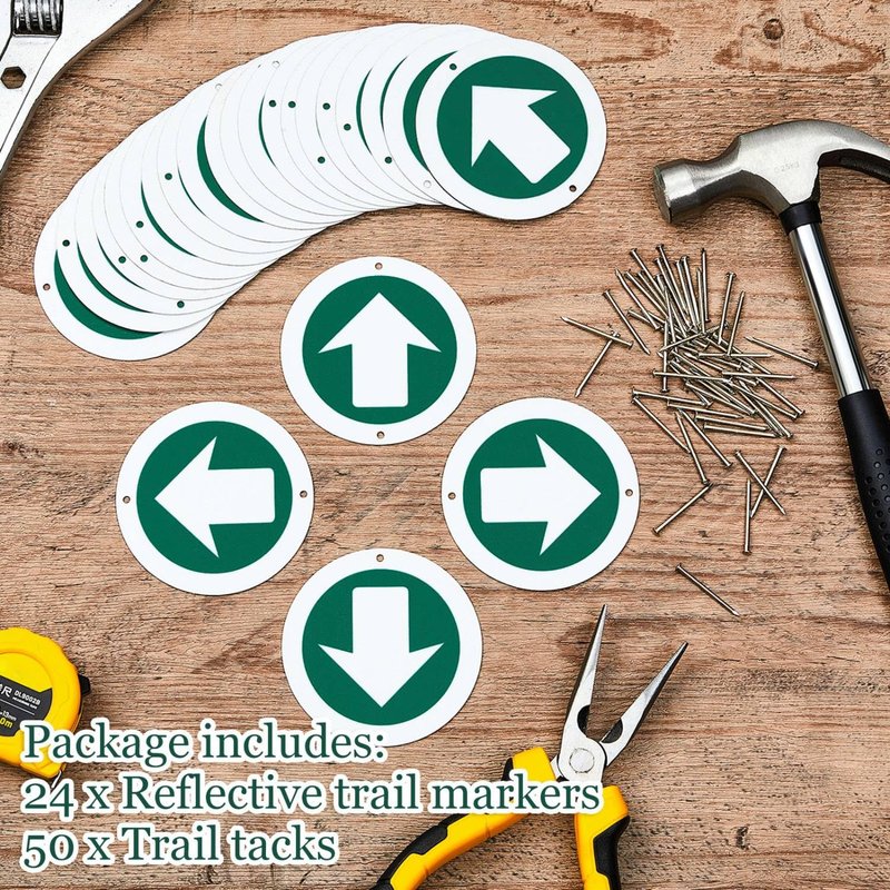 Amylove 24 Pieces Bright Reflective Trail Markers Round Bin Marker with Reflective Tacks Aluminum Signs Thumb Tacks for Hunting Hiking Camping and More (Green)