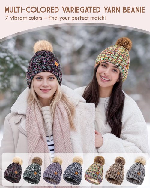 Winuesa Winter Hats for Women with Pom Pom, Womens Beanie Warm Fleece Lined for Cold Weather, Fashionable Multicolor Thick Cable Knit Ski Skull Cap for Ladies-01