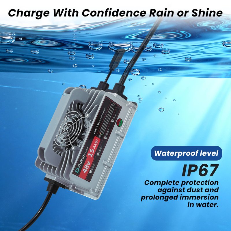 DUKVI 48V 15A Golf Cart Battery Charger for Club Car 3-Pin Round Plug,Smart Charger for Lead Acid Battery, IP67 Waterproof, Multi-Protection