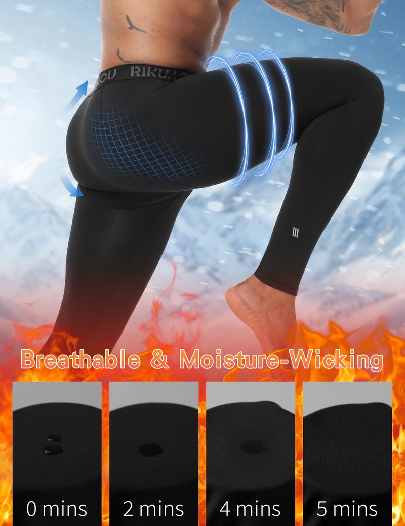 RIKUAOU Mens Thermal Compression Pants, Fleece Lined Athletic Leggings Running Tights, Cold Weather Base Layer Winter Gear Black