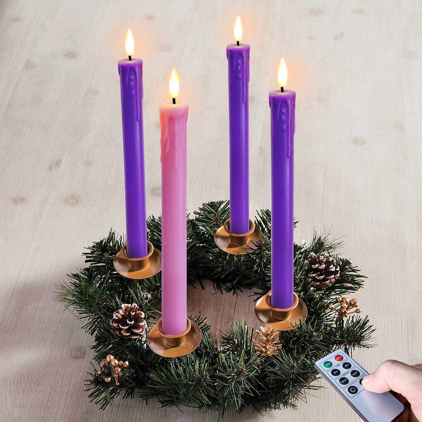 Abkshine Set of 4 LED Christmas Candle Lights, Battery Operated Taper Candles for Advent Wreath, 3 Purple 1 Rose Flickering Wax Flameless Candles for Holiday School Church Celebration
