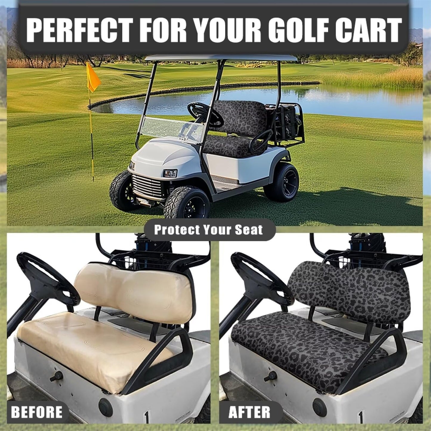 FUIALDOLG Grey Black Leopard Golf Cart Front + Rear Seat Cover Set Easy to Install Golf Cart Seat Covers Kit Bench Seat Covers Kit Printed Golf Car Accessories