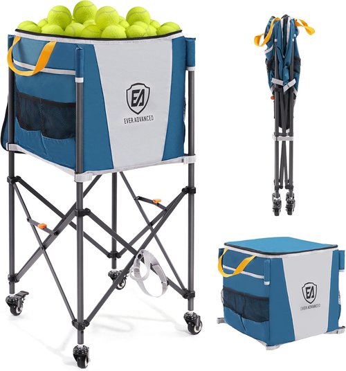 Ever Advanced Tennis Ball Hopper - 150 Capacity Rolling Cart with Side Pockets | Folding Pickleball Basket with Wheels, Blue