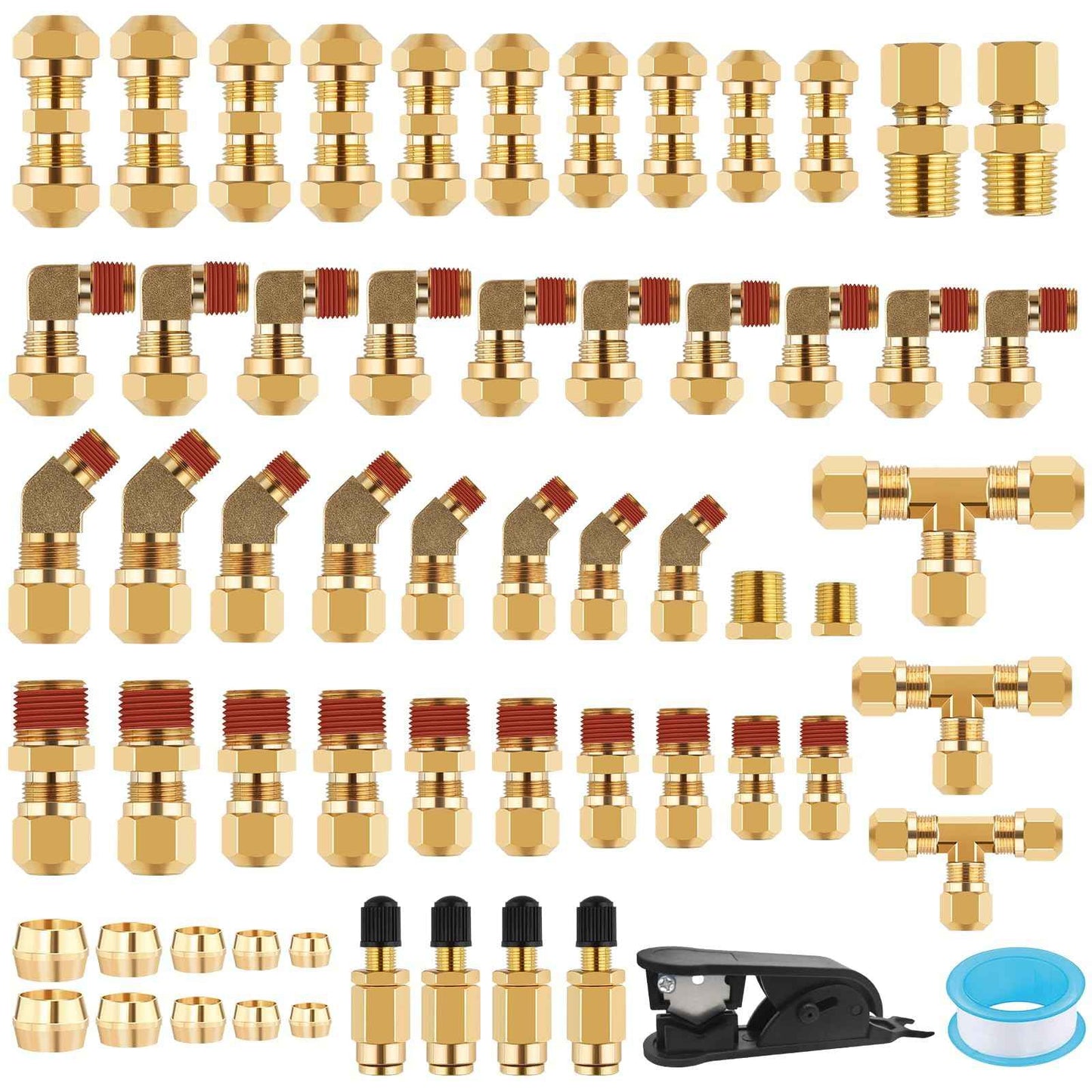 100PCS Brass DOT Air Line Fittings, Kalolary NPT Brass Hose Fitting for 1/4" 1/8" 3/8" 1/2" Push To Connect Fittings with NPT Threads Brake Line Fitting Repair Kit for Industrial Air System