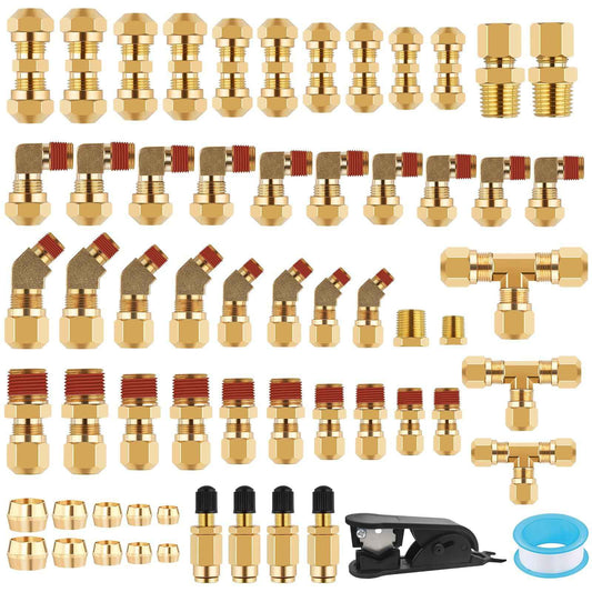 100PCS Brass DOT Air Line Fittings, Kalolary NPT Brass Hose Fitting for 1/4" 1/8" 3/8" 1/2" Push To Connect Fittings with NPT Threads Brake Line Fitting Repair Kit for Industrial Air System
