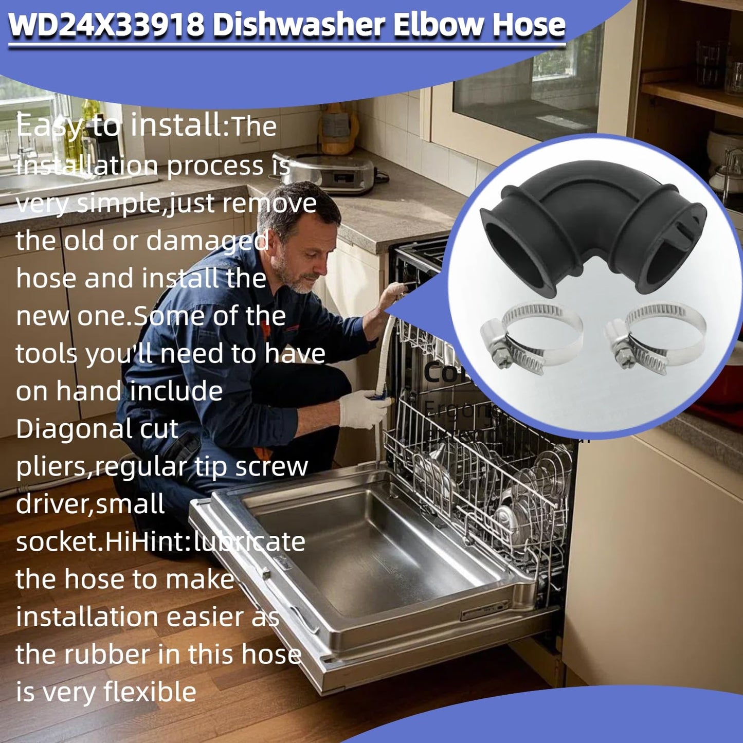 Upgrade WD24X33918 compatibility WD19X25460, WD19X25700 Dishwasher Circulation Pump To Sump Elbow Hose and Clamps Kit Includes Two Clamps For some GE dishwasher