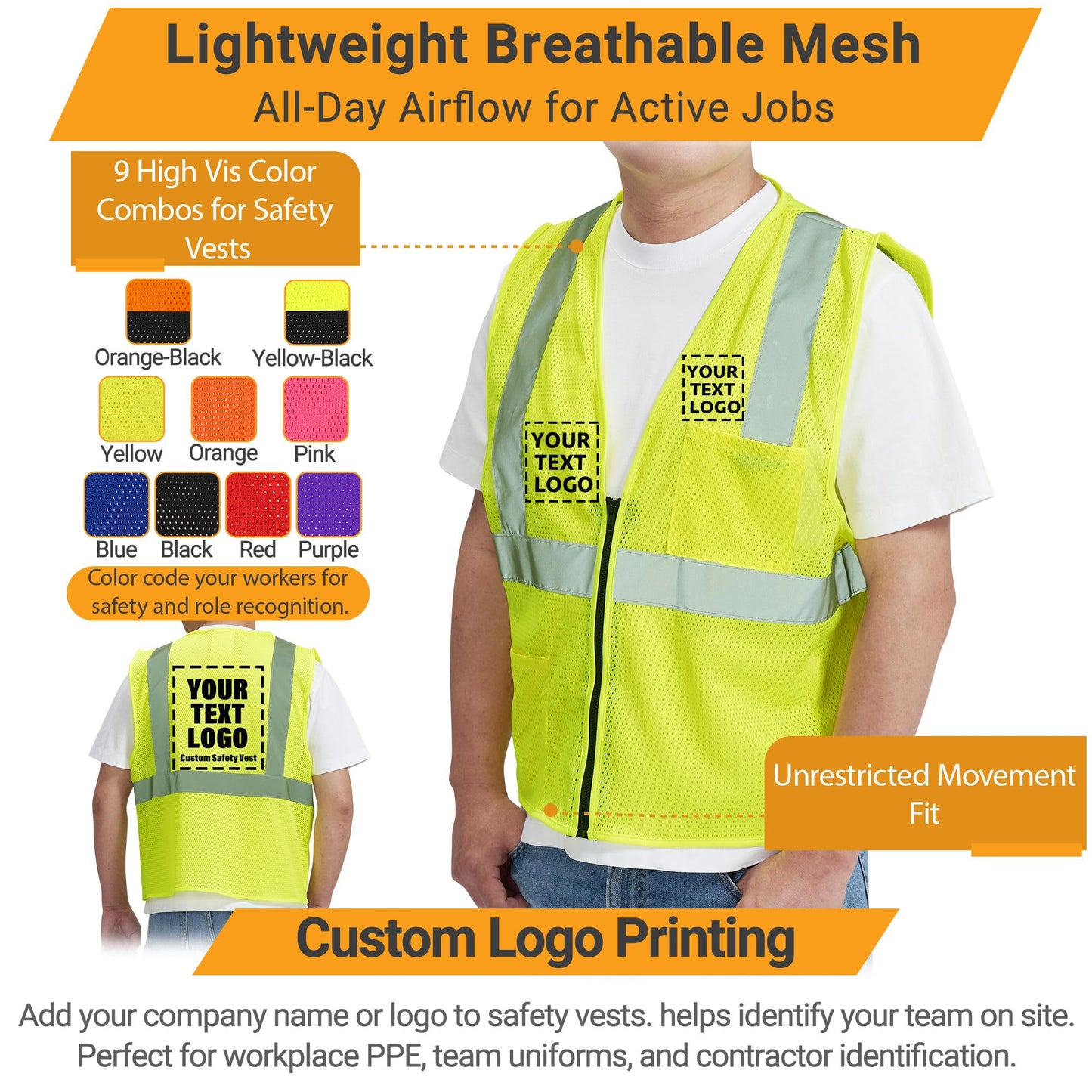 AYKRM Men's Safety Vest 2 Pockets Reflective High Visibility Class II Mesh Vest for Women & Men Meets ANSI Standards Yellow Safety Vest with Reflective Strips