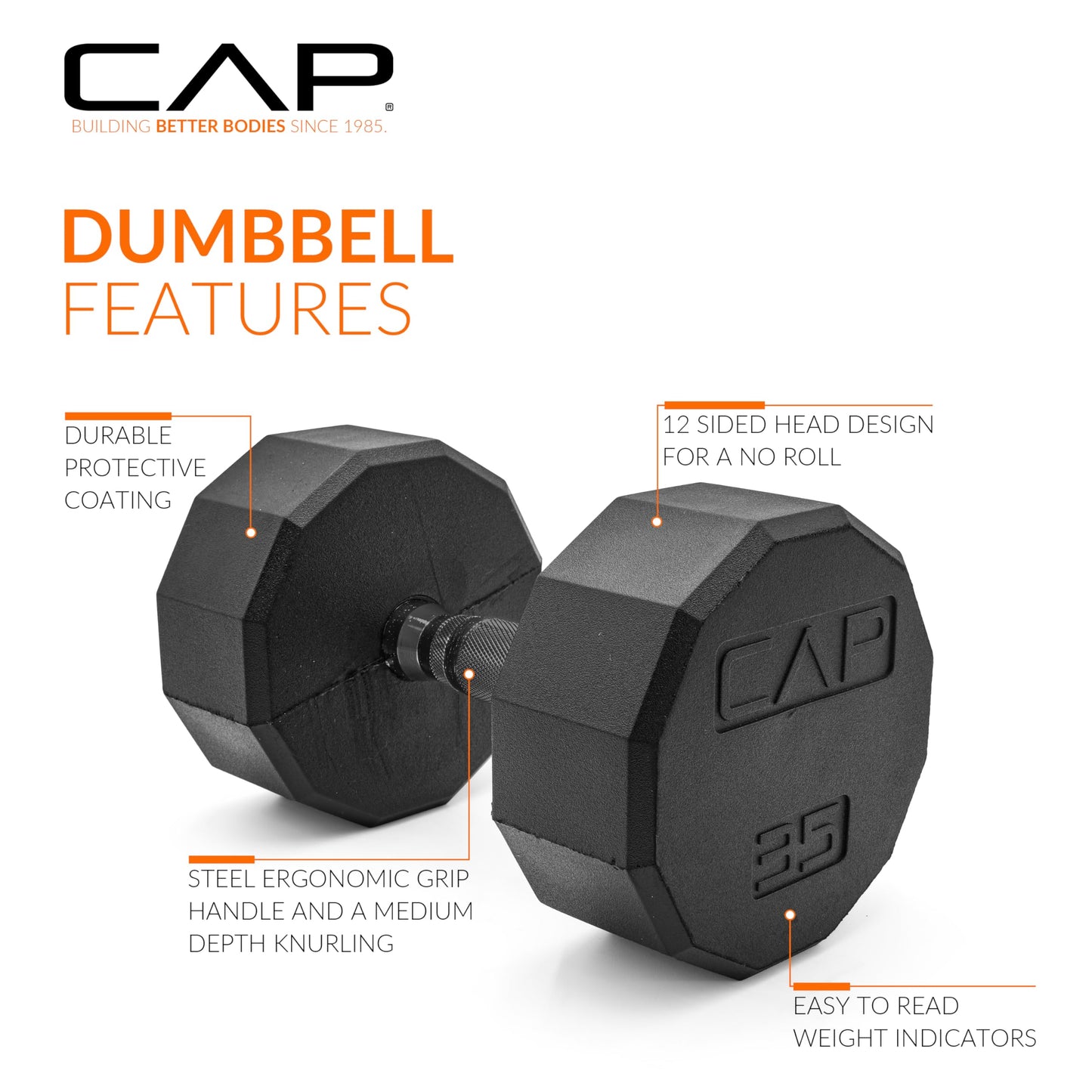 CAP 35 LB 12-Sided Rubber Coated Dumbbell Weight, Rubber Free Weights for Home Gym Strength Training, Black Oxide Handle, Pair