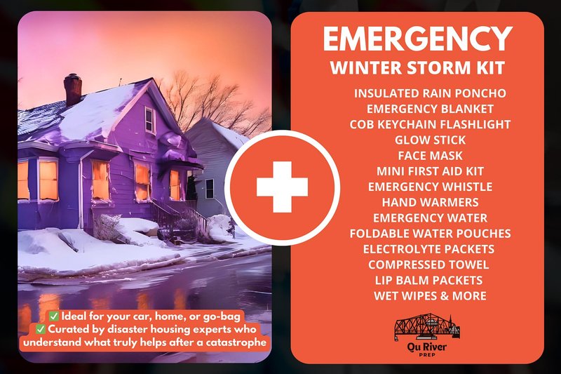Qu River Prep Emergency Kit - Winter Storm & Ice Storm Survival Kit, Power Outage Preparedness with 15 Essential Items, COB Light, Rain Poncho, Blanket, Emergency Water & First Aid