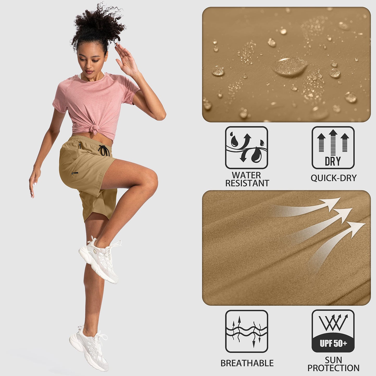 SANTINY Women's 5''/ 7''/9'' Hiking Cargo Shorts Quick Dry Lightweight Summer Shorts for Women Athletic Golf Zipper Pockets(Dark Khaki_3XL)