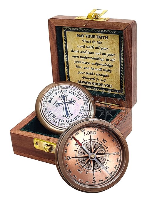Trust in The Lord with All Your Heart - Proverbs 3: 5-6 Quote Engraved Compass with Wooden Box, Greeting Card, Gift Compass, Religious Gifts, Graduation Day Gifts 2025 for Women Men Boys Girls