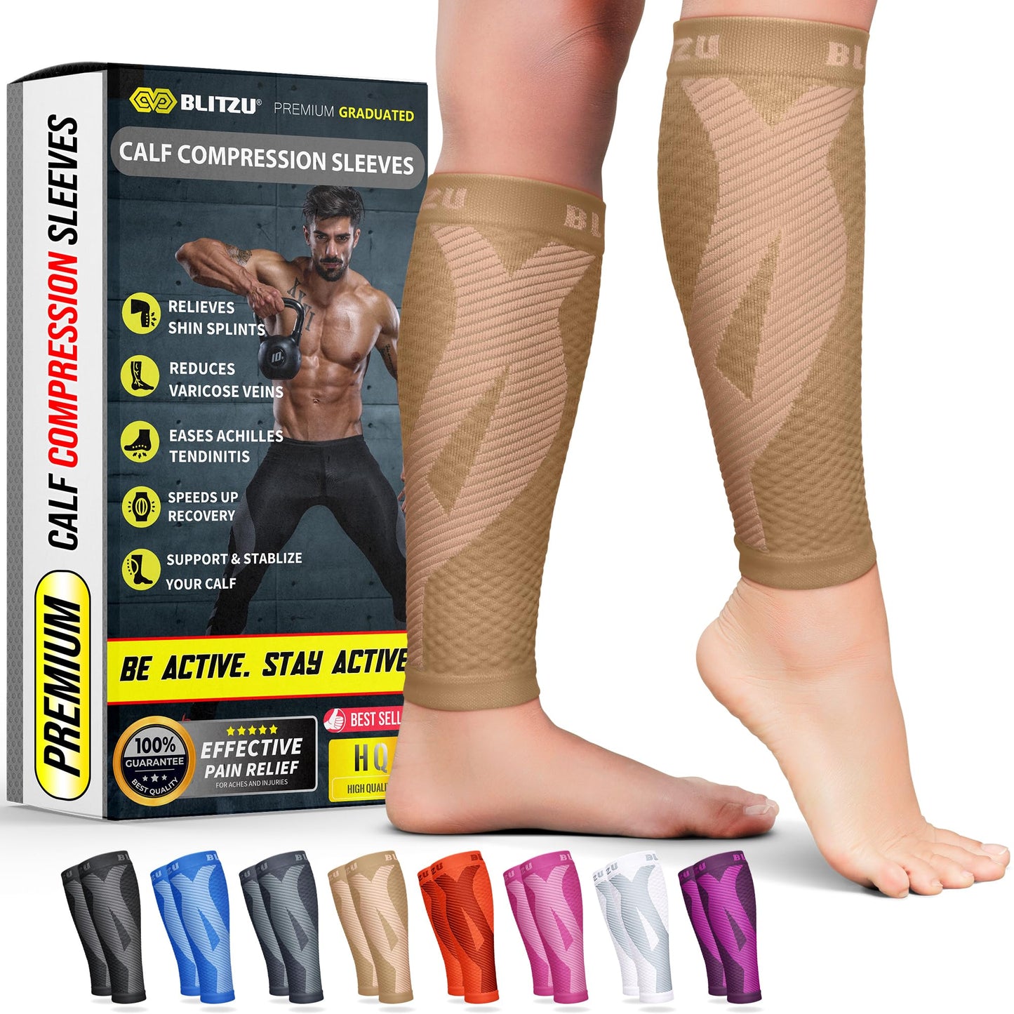 BLITZU Calf Compression Sleeve for Women and Men, Shin Splint Sleeves for Varicose Veins, Nursing, Pregnancy, Running, Footless Compression Socks Support for Calf Muscle Pain Relief Nude XXL