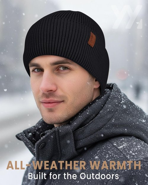 Fleece Lined Winter Beanie for Men Women Warm Windproof Beanies Hats Thick Knit Winter Hat for Cold Weather Black