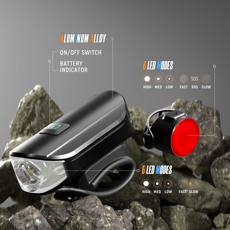 Bike Lights Set 1500LM USB Rechargeable Bicycle Headlight & Tail Light Waterproof 5 Lighting Modes Fits Bicycles for Road and Mountain(Cool Black)