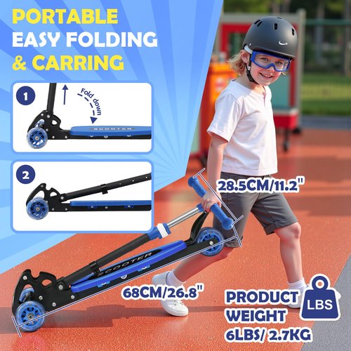 3 Wheel Scooters for Kids 2-5 Years, 3 Adjustable Heights Foldable Metal Toddler Scooter for Boys Girls Up to 120 lbs, Lean-to-Steer, Dual Rear Brake Widen Anti-Slip Deck