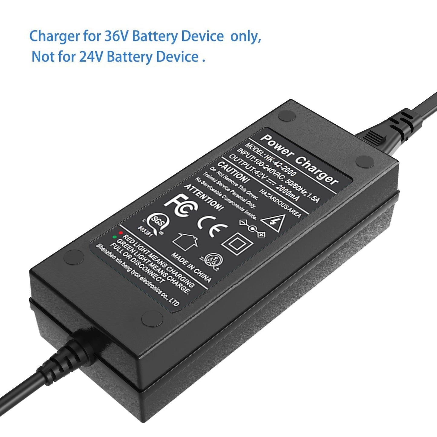 EWUNAX SGS Certified 42V 2A Power Adapter PowerFast 3-Prong Inline Connector for 36V Sports Mod,Pocket Mod Lithium Battery,Lithium Battery Power Charger.