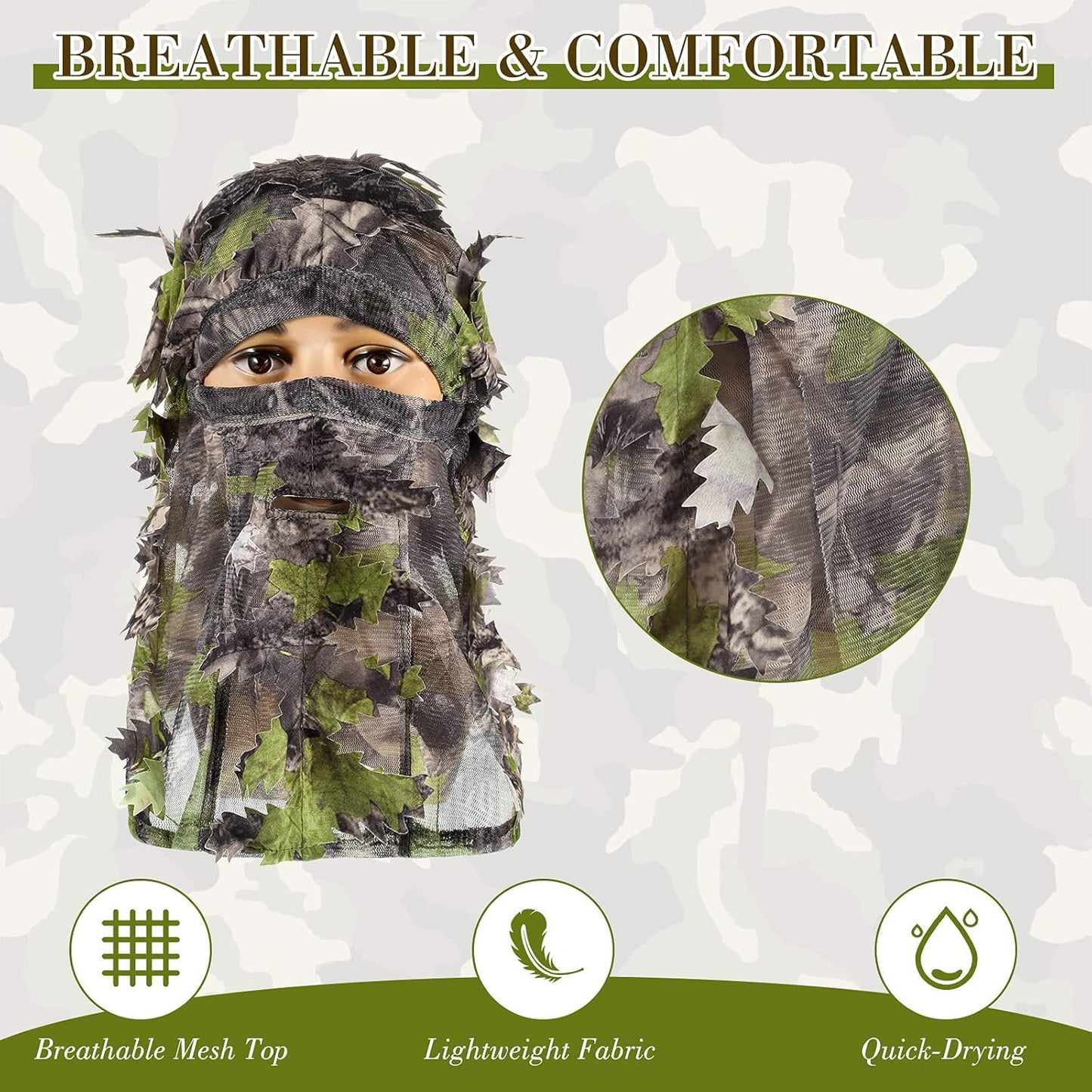 Sintege 3D Camo Turkey Hunting Gear - 3-Piece Leafy Face Mask & Hat Set for Full Coverage