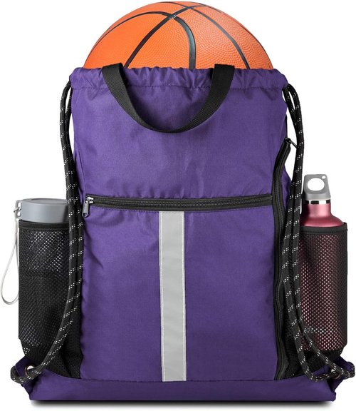 BeeGreen Gym Backpack - Lightweight Purple Drawstring Bag with Shoe Compartment & Dual Water Bottle Holders