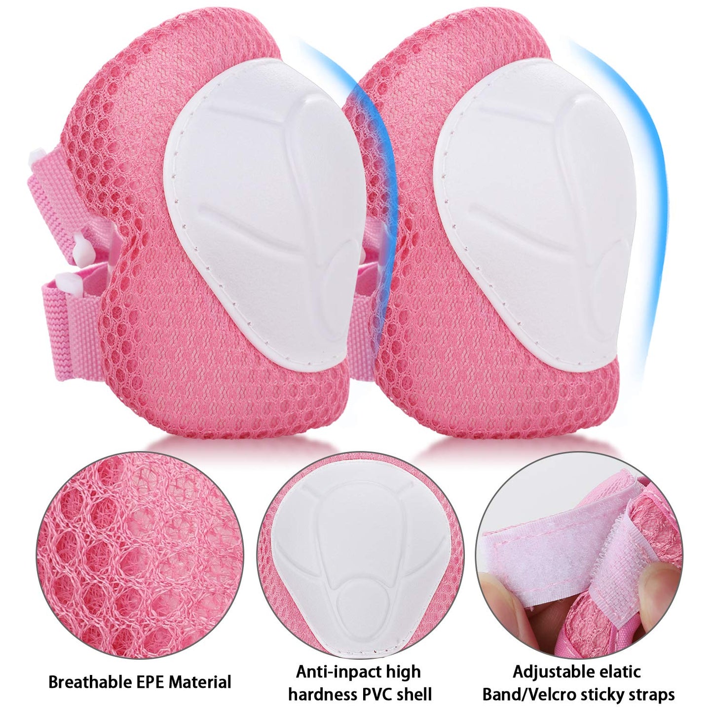 WayEee Kids Bike Helmet Set Skateboard Knee Pads, 7PCS Protective Gear Adjustable for Girls Boys 3-10 Age Elbow Pads Wrist Guards for Outdoor Sports Cycling Bike Roller Skating Scooter, Youth, Pink
