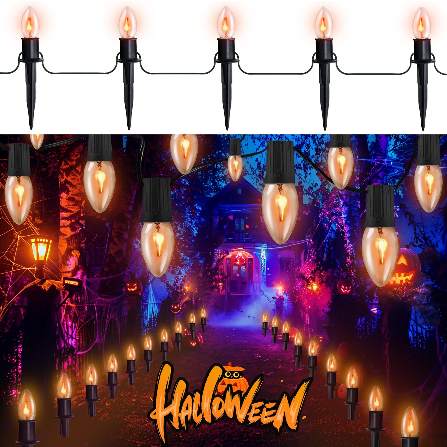 Flickering Flame String Lights Outdoor - C9 Pathway Flicker Fire Light Strand Plug in - Blood Twinkle Flames Light Bulbs for Fireplace Walkway - Halloween Decorations Twinkling Orange Bulb Lights