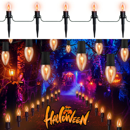 Flickering Flame String Lights Outdoor - C9 Pathway Flicker Fire Light Strand Plug in - Blood Twinkle Flames Light Bulbs for Fireplace Walkway - Halloween Decorations Twinkling Orange Bulb Lights