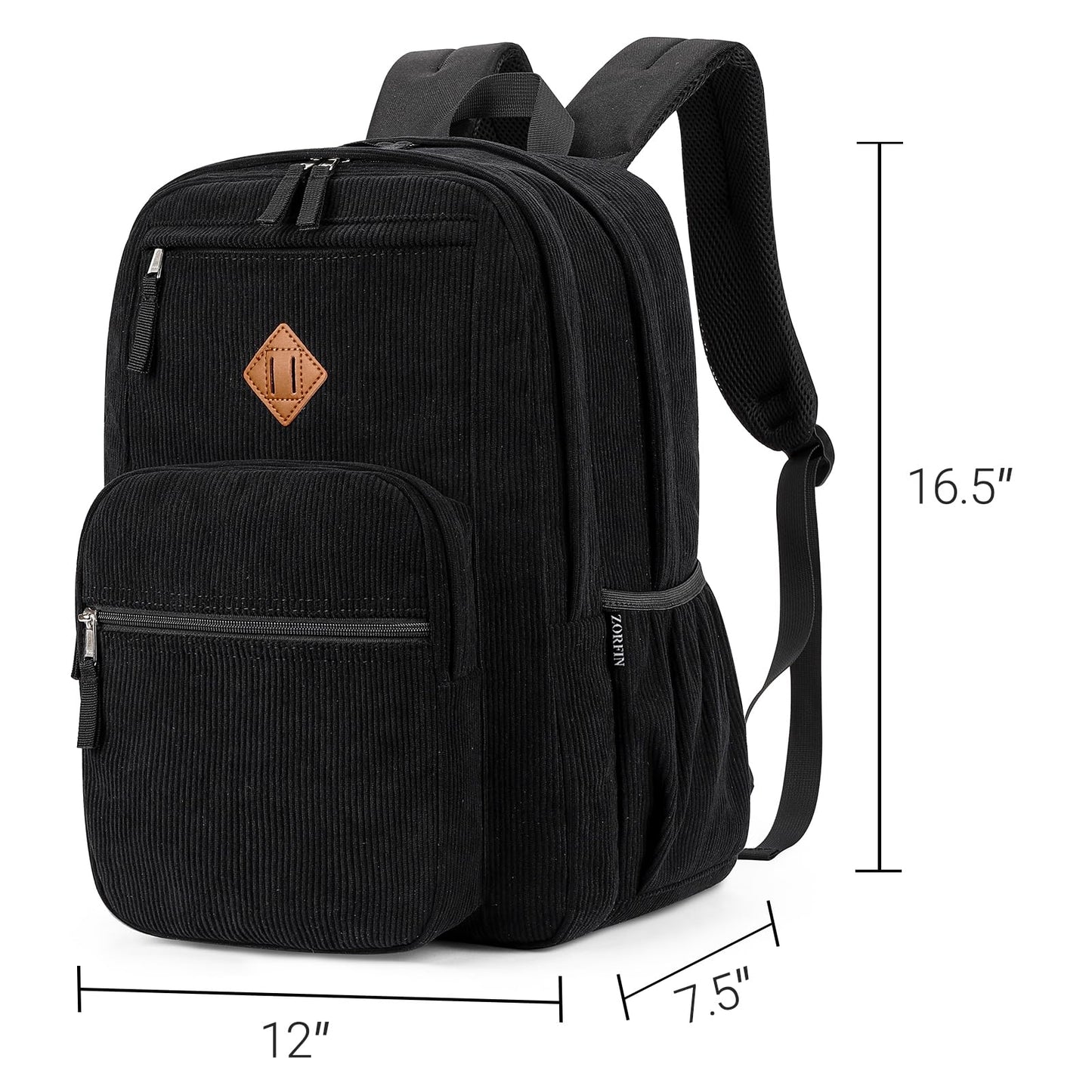 ZORFIN 26L Backpack for College, and Travel: Corduroy Bookbag - Black