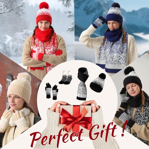 Bodvera Womens Winter Beanie Hat Scarf Gloves Fuzzy Socks 4 In 1 Set Thermal Fleece Knitted Hat Warm Long Scarf Cold Weather