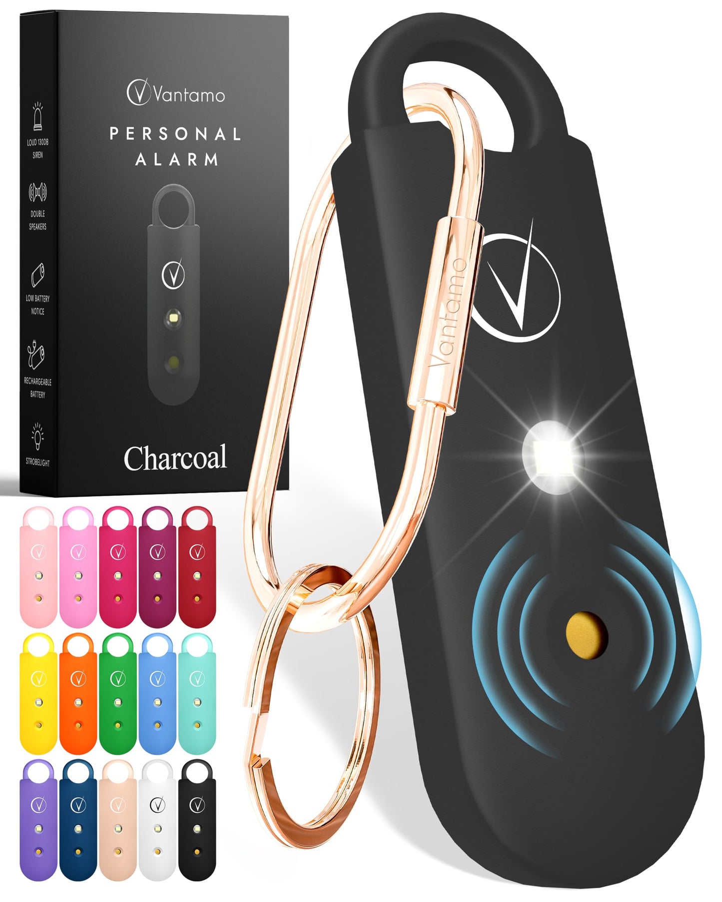 Vantamo Personal Alarm for Self Defense with Low Battery Notice, Strobe Light & Extra Loud 130 dB Double Speakers Safety Keychain Set for Women, Rechargeable Panic Button for Womens Self Defense