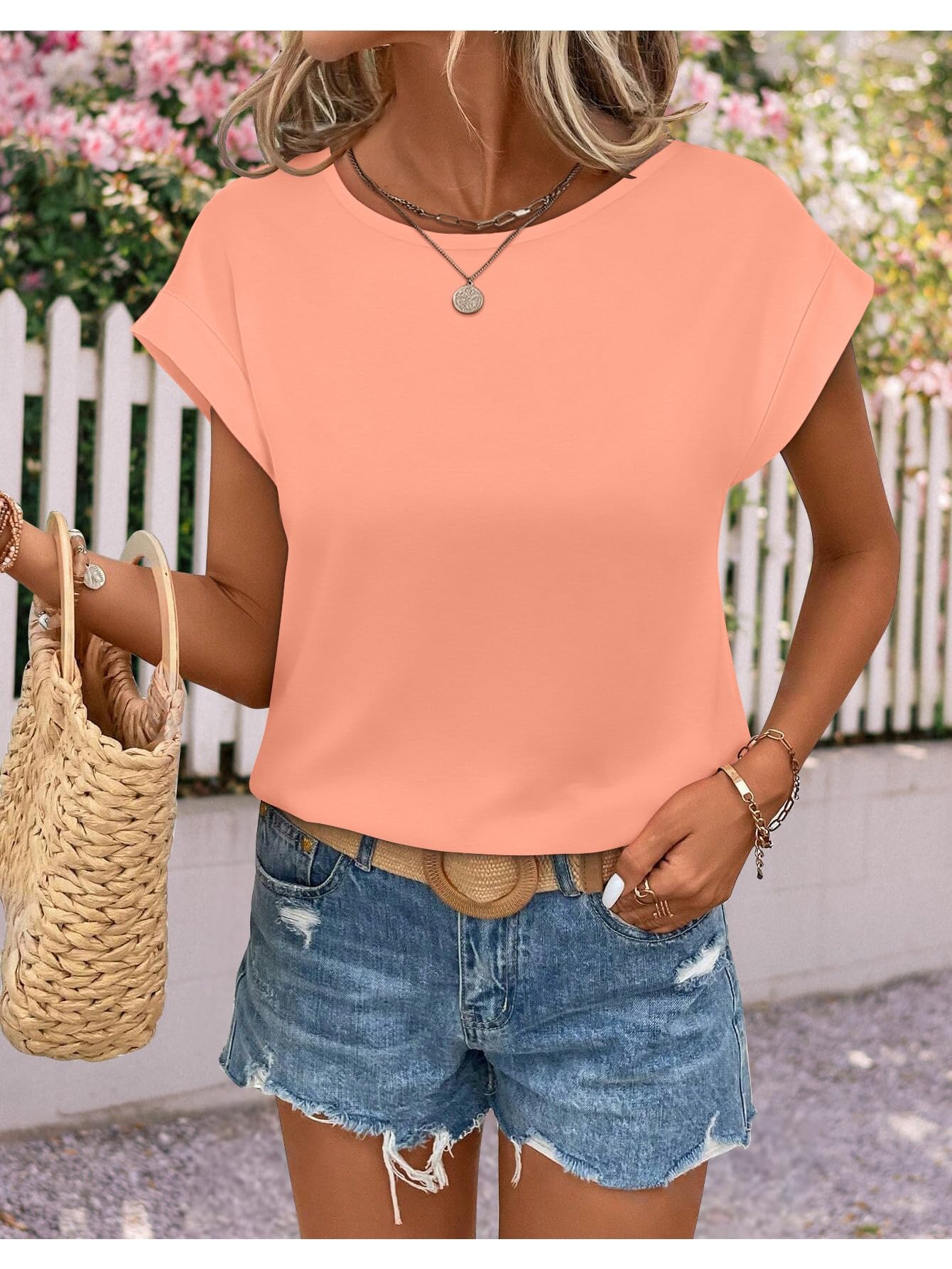 Womens T Shirts Spring Summer Tops Cap Sleeve Crew Neck Casual Business Dressy Blouses Beach Clothes Fashion Outfits Coral