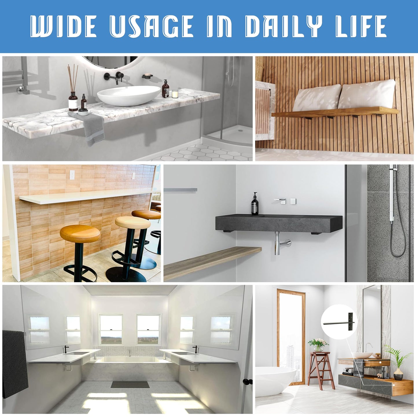 Floating Shelf Bracket 3/8" Thick Heavy Duty Shelf Brackets 4 Pack Free Hanging Countertop Support Bracket 10" Lx2.5 W Floating Wall Brackets for Cabinets, Granite, Dishwasher, Bench Seats Vanities