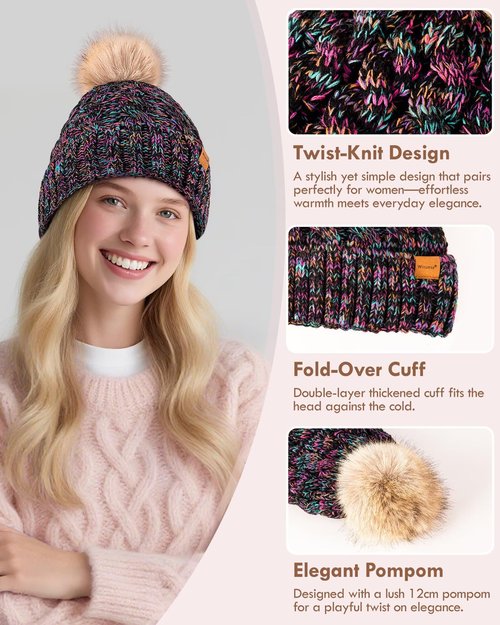Winuesa Winter Hats for Women with Pom Pom, Womens Beanie Warm Fleece Lined for Cold Weather, Fashionable Multicolor Thick Cable Knit Ski Skull Cap for Ladies-01